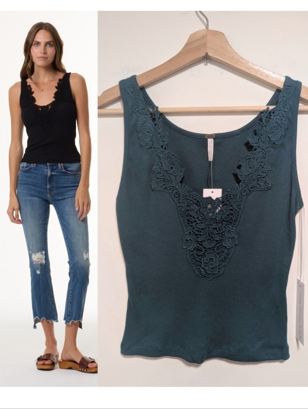 Young Fabulous & Broke | Roza Lace Embroidered Rib Tank In Teal